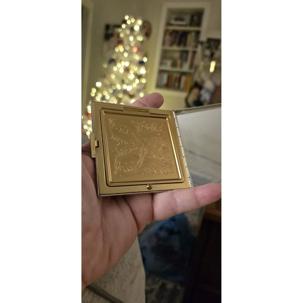 Vintage Compact Zell Fifth Avenue Gold Tone Makeup Mirror Puff  Art Deco RARE